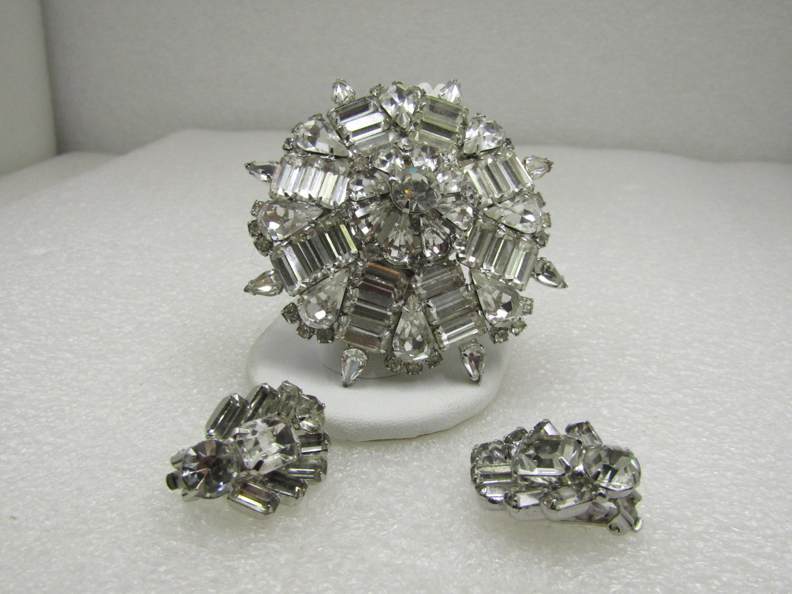 Vintage Rhinestone Brooch & Earrings Set, Clip, Silver Tone - 2