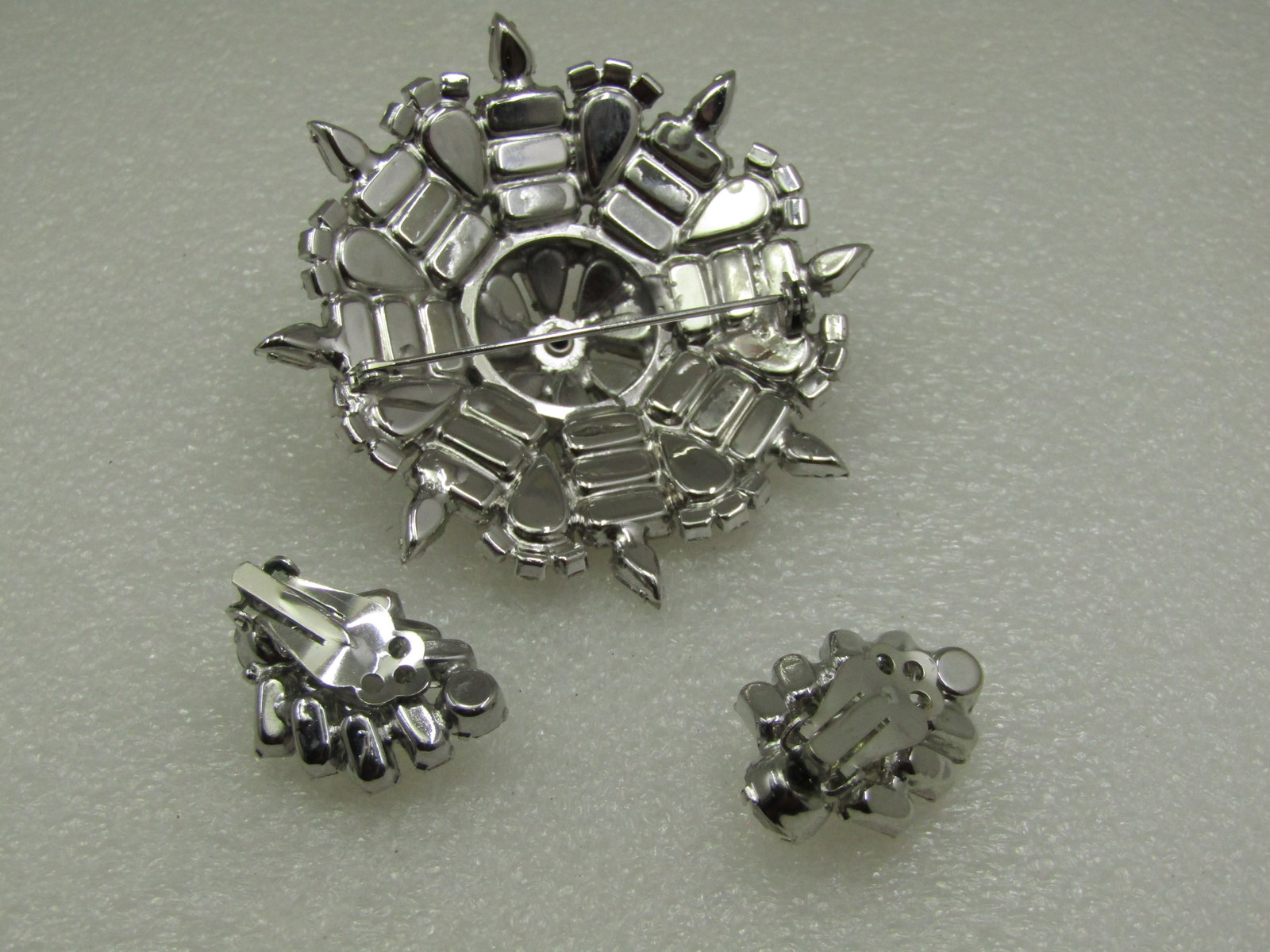 Vintage Rhinestone Brooch & Earrings Set, Clip, Silver Tone - 6
