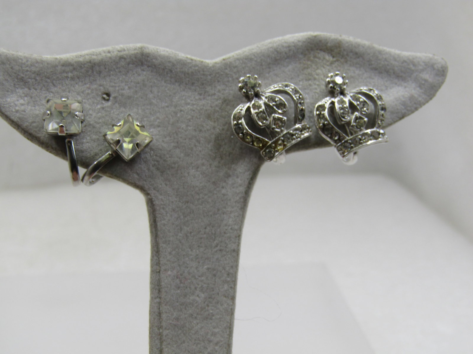 Vintage Rhinestone Crown & Stud Screwback Earrings, 1940's, 2 pair (1 of 5)