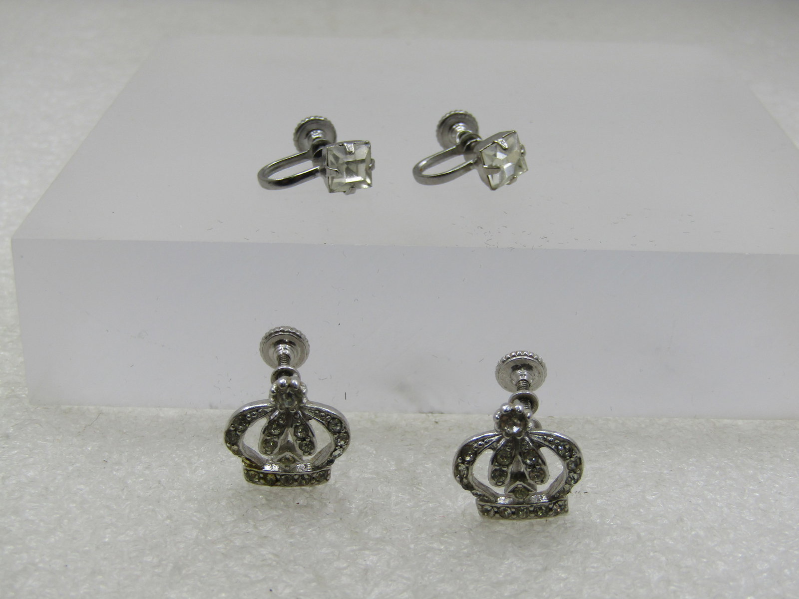 Vintage Rhinestone Crown & Stud Screwback Earrings, 1940's, 2 pair - 4