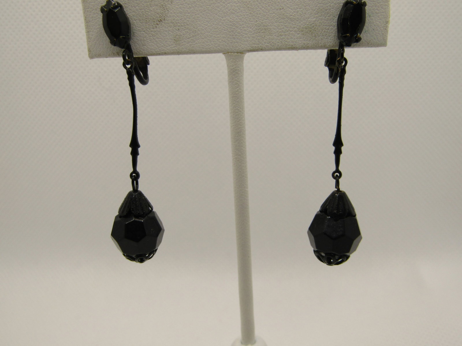 Vintage Black Rhinestone Drop Earrings, Clip, 2.25" - 2