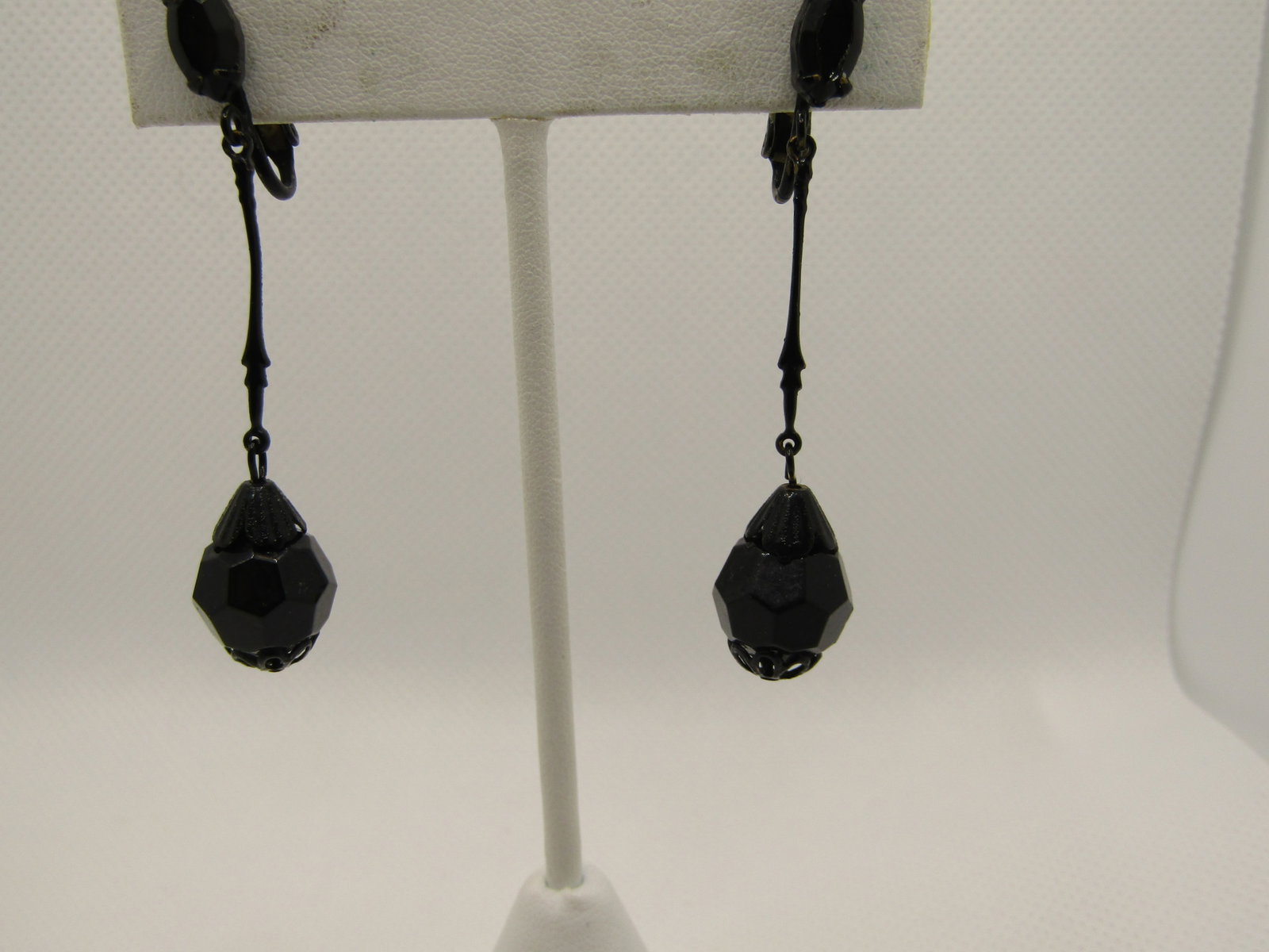 Vintage Black Rhinestone Drop Earrings, Clip, 2.25" - 3