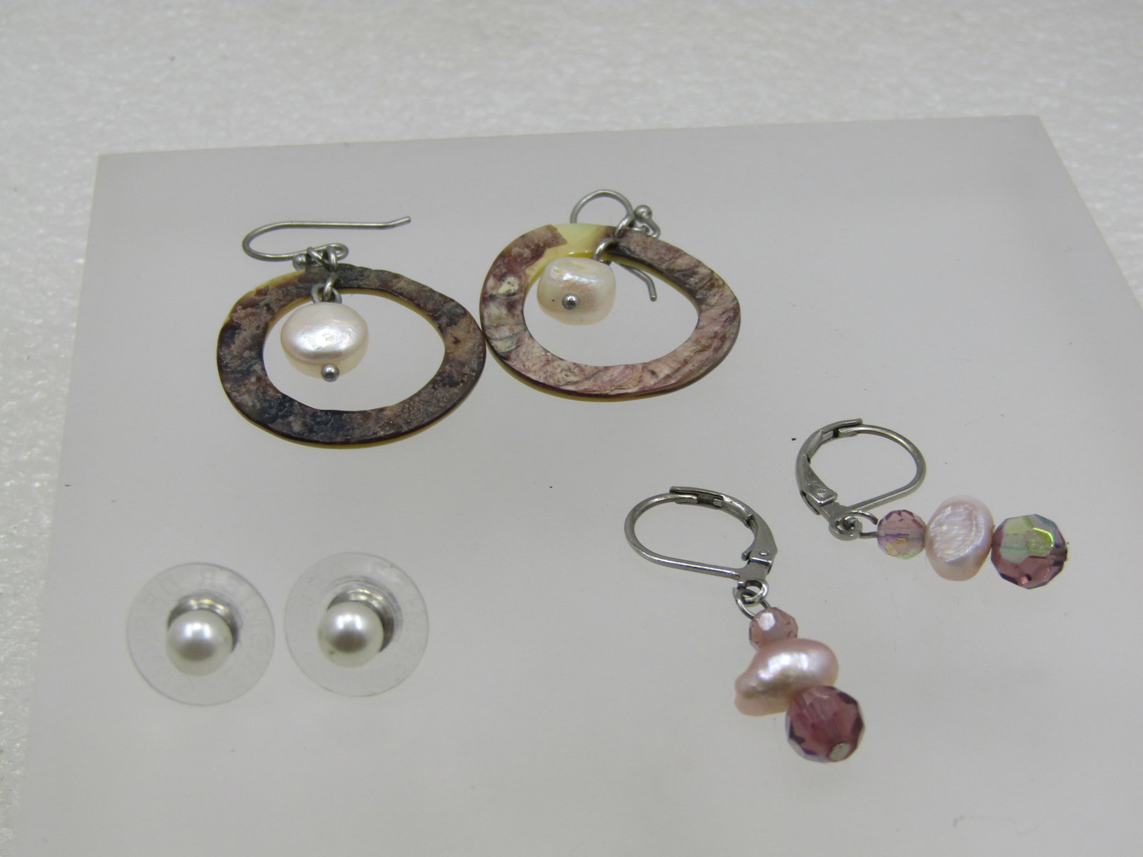 Vintage 3 Pr. Mother-of Pearl/Pearl, Pierced Earrings, 1980's - 5