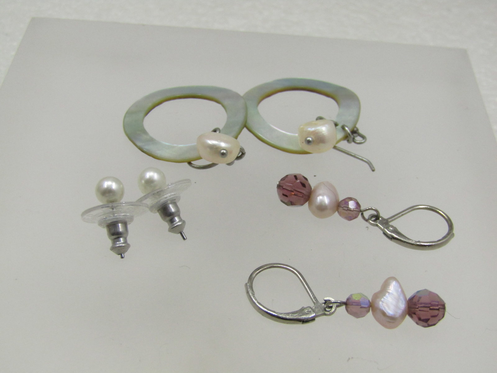 Vintage 3 Pr. Mother-of Pearl/Pearl, Pierced Earrings, 1980's - 6