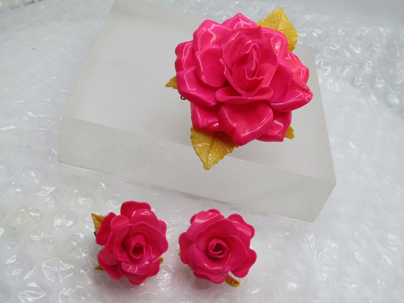 Vintage Plastic Large Rose Brooch & Clip Earrings, 1950's-1960's, 3.25" - 6