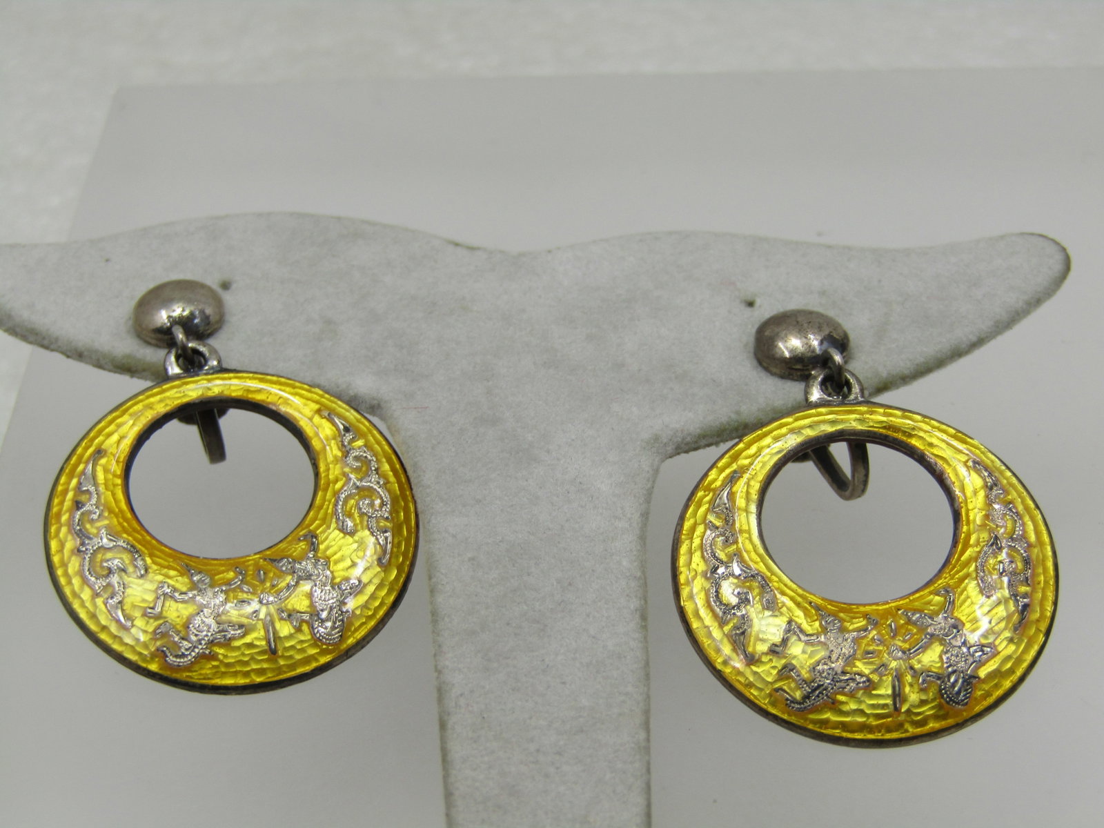 Vintage Sterling Siam Goddess Enameled Earrings, Drop Screw Back, 1940's-1950's - 3