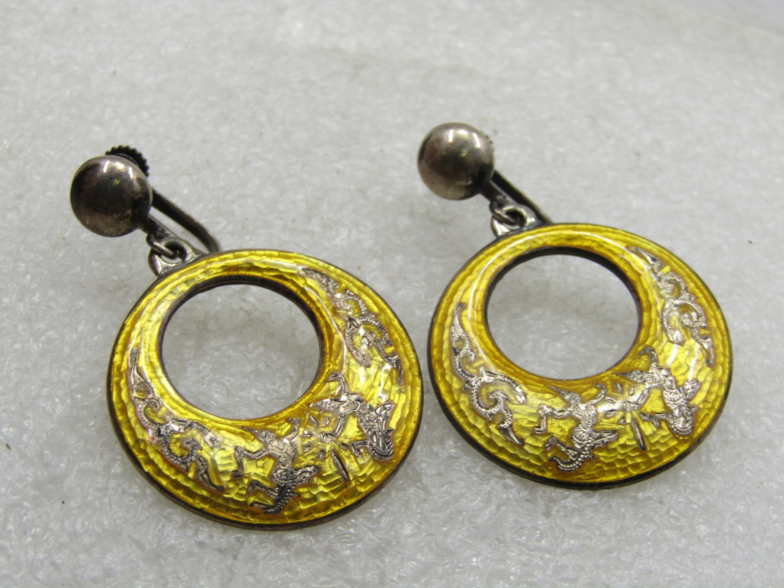 Vintage Sterling Siam Goddess Enameled Earrings, Drop Screw Back, 1940's-1950's - 7