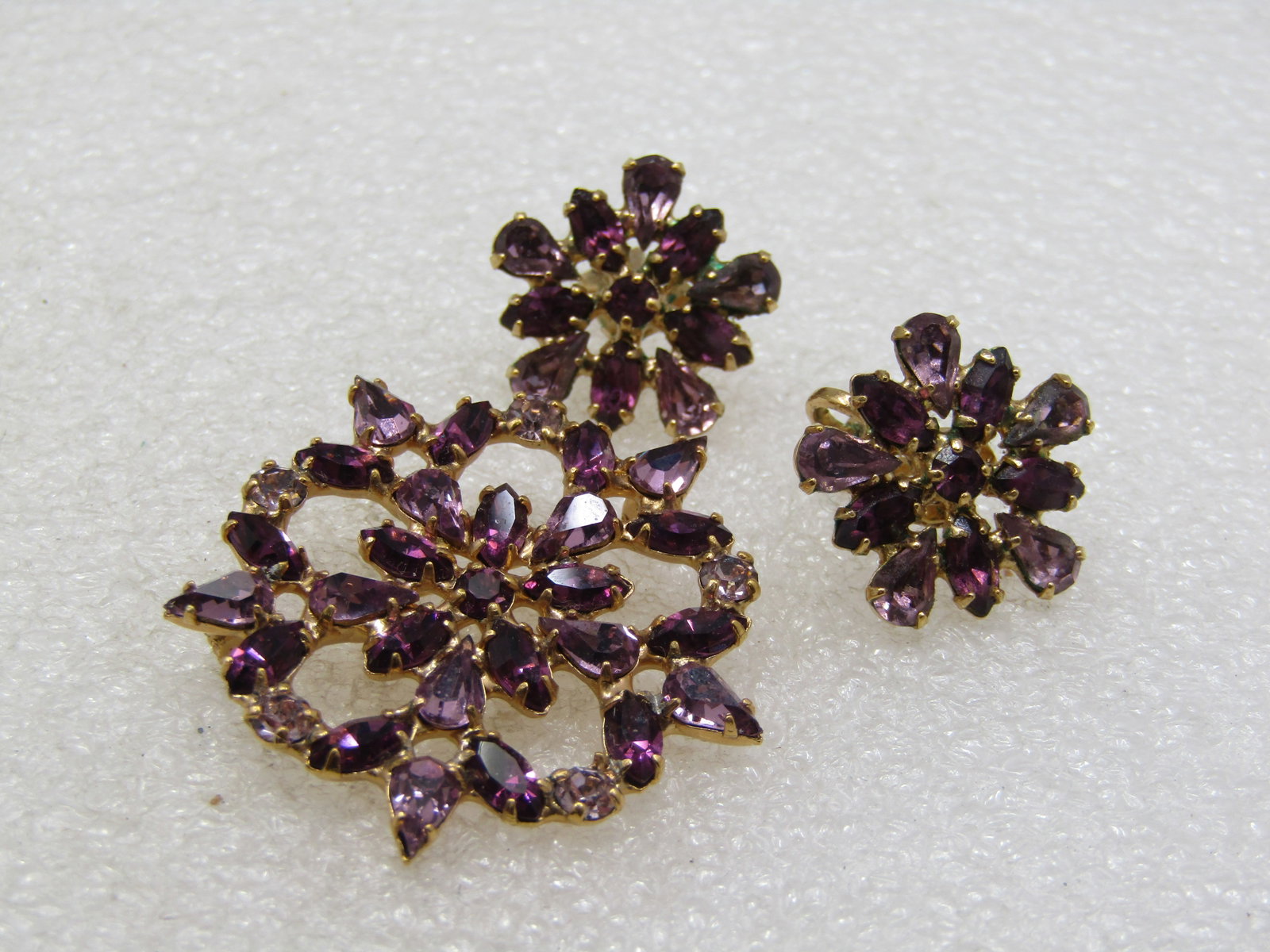 Lavender & Purple Rhinestone Brooch & Earrings, - 2