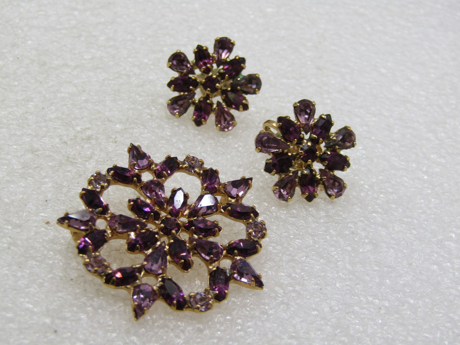 Lavender & Purple Rhinestone Brooch & Earrings, - 3