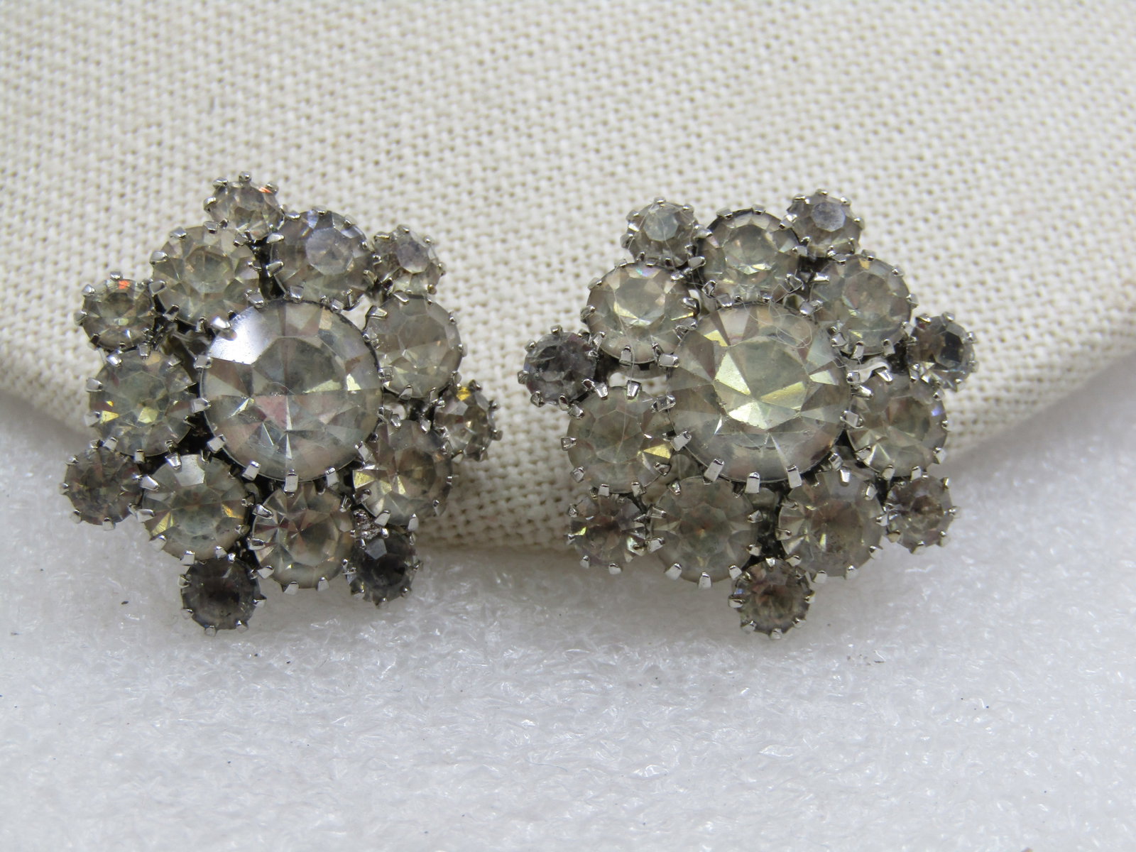 Vintage Rhinestone Blossom Clip Earrings, 1.25" - 2