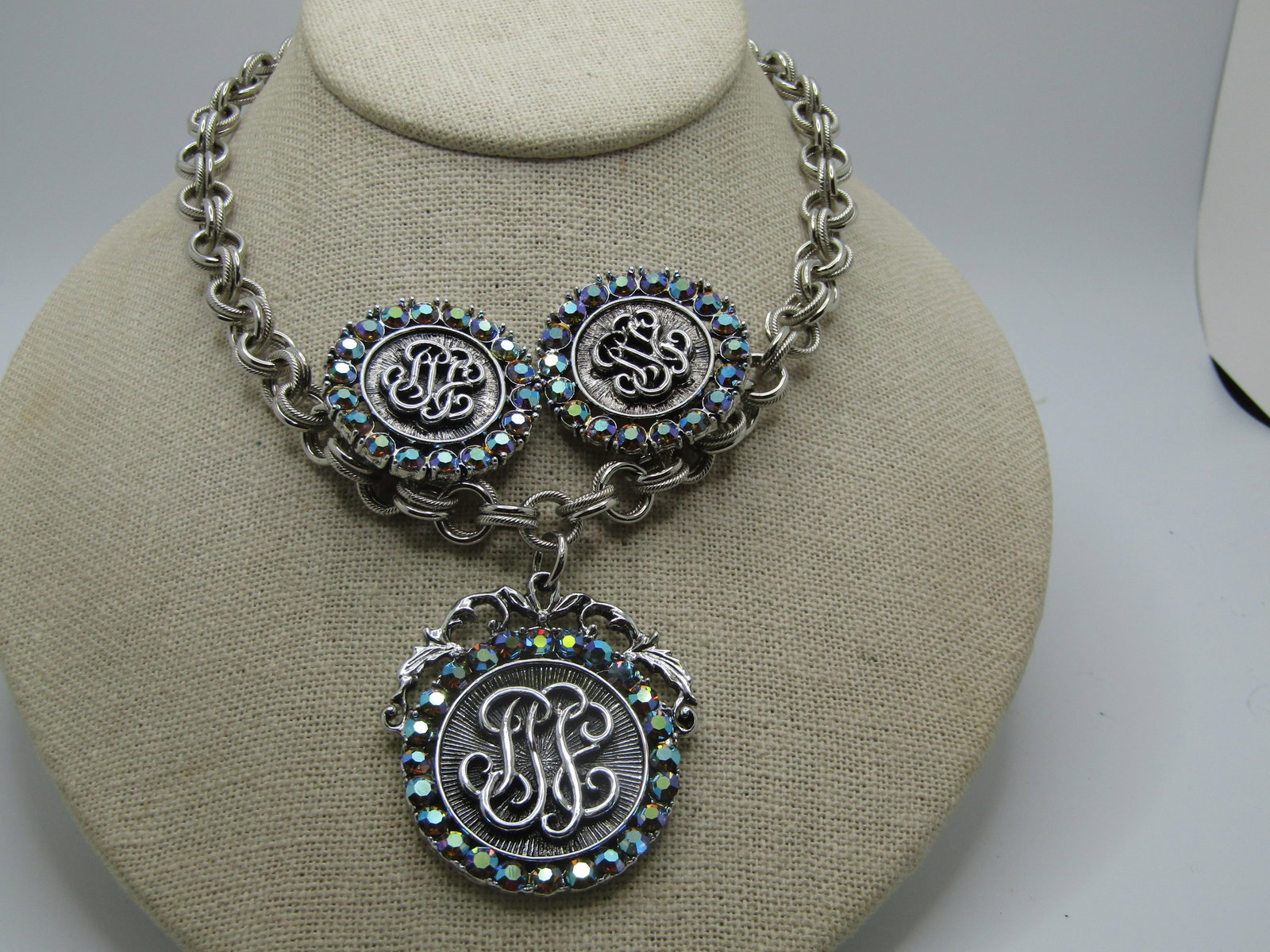 Vintage AB Rhinestone Necklace & earrings Set, 1950's, 15" - 2