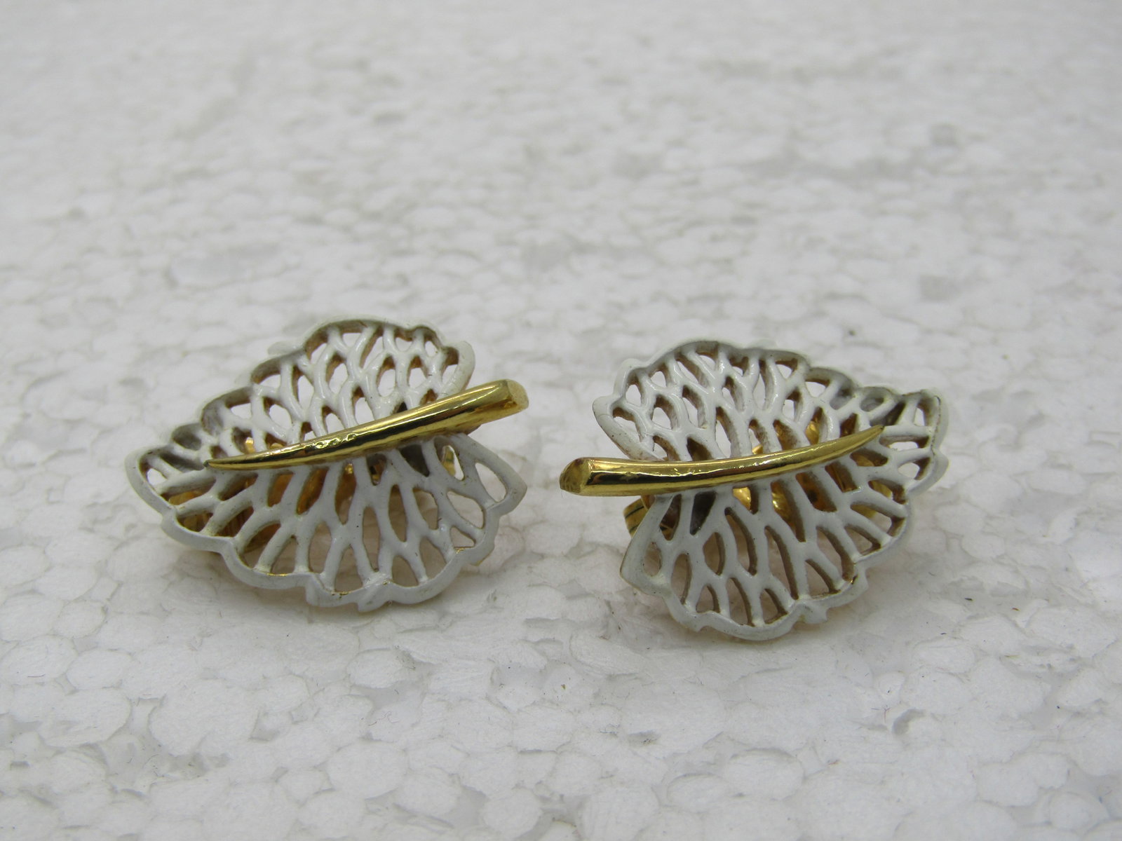 Vintage Monet Enameled Leaf Earrings, White & Gold Tone, 1960's-1970s - 2