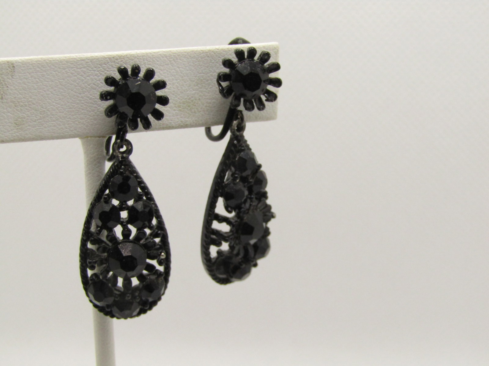Vintage Black Rhinestone Stud & Dangle Earrings, Clip - 2