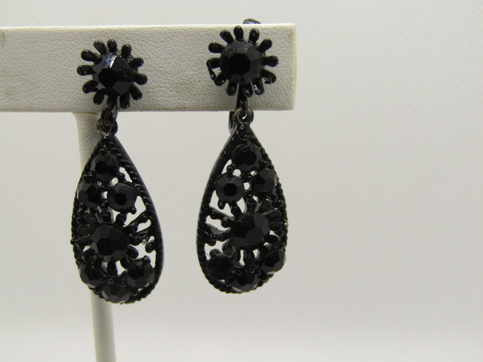 Vintage Black Rhinestone Stud & Dangle Earrings, Clip - 3