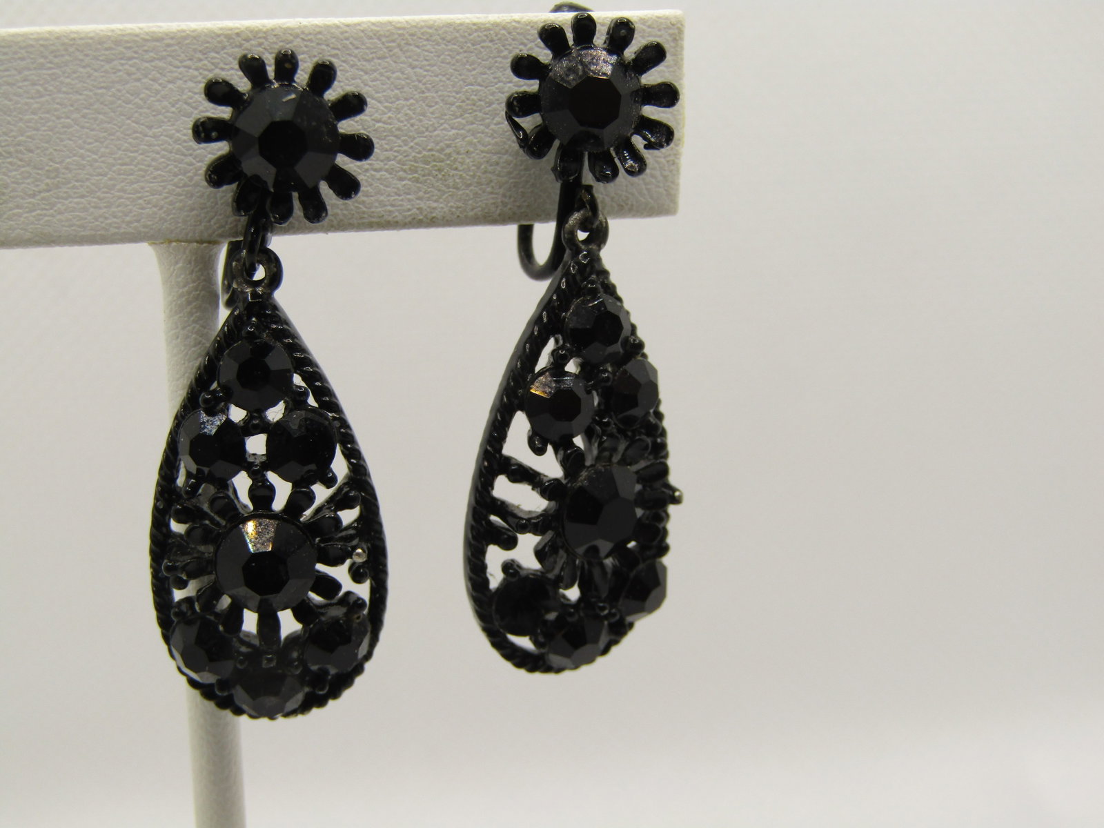 Vintage Black Rhinestone Stud & Dangle Earrings, Clip - 4