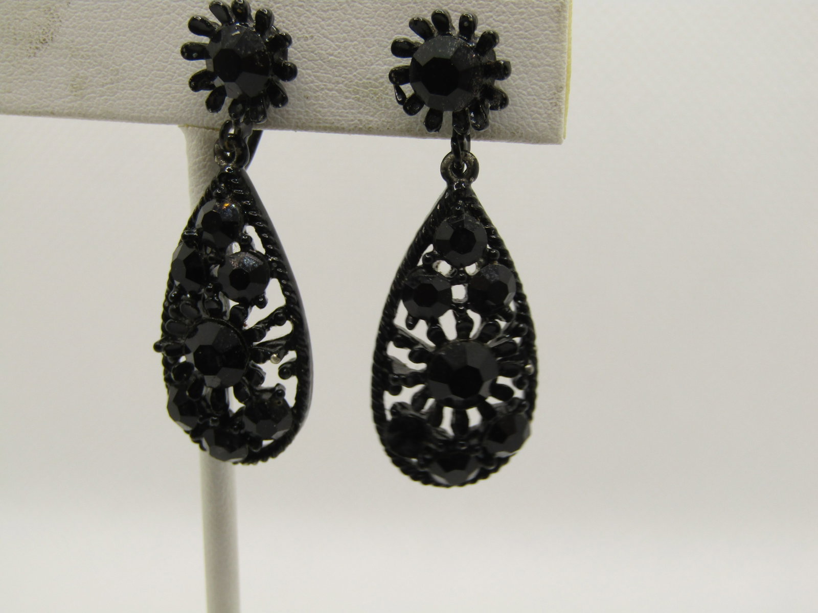 Vintage Black Rhinestone Stud & Dangle Earrings, Clip - 5