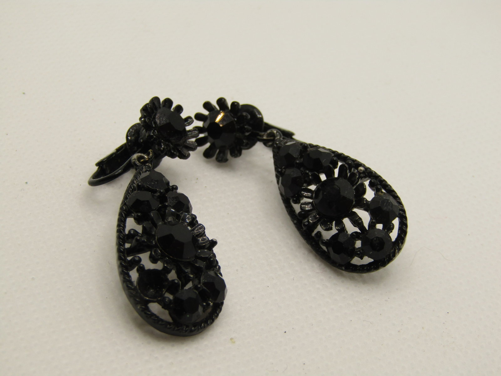 Vintage Black Rhinestone Stud & Dangle Earrings, Clip - 7