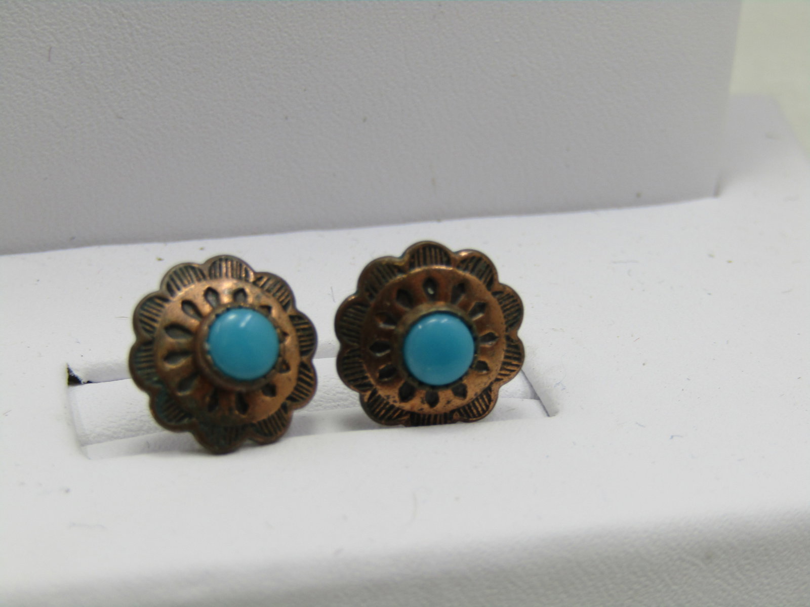 Vintage Southestern Copper Turquoise Earrings, Pierced Stud, 1/2" (1 of 6)