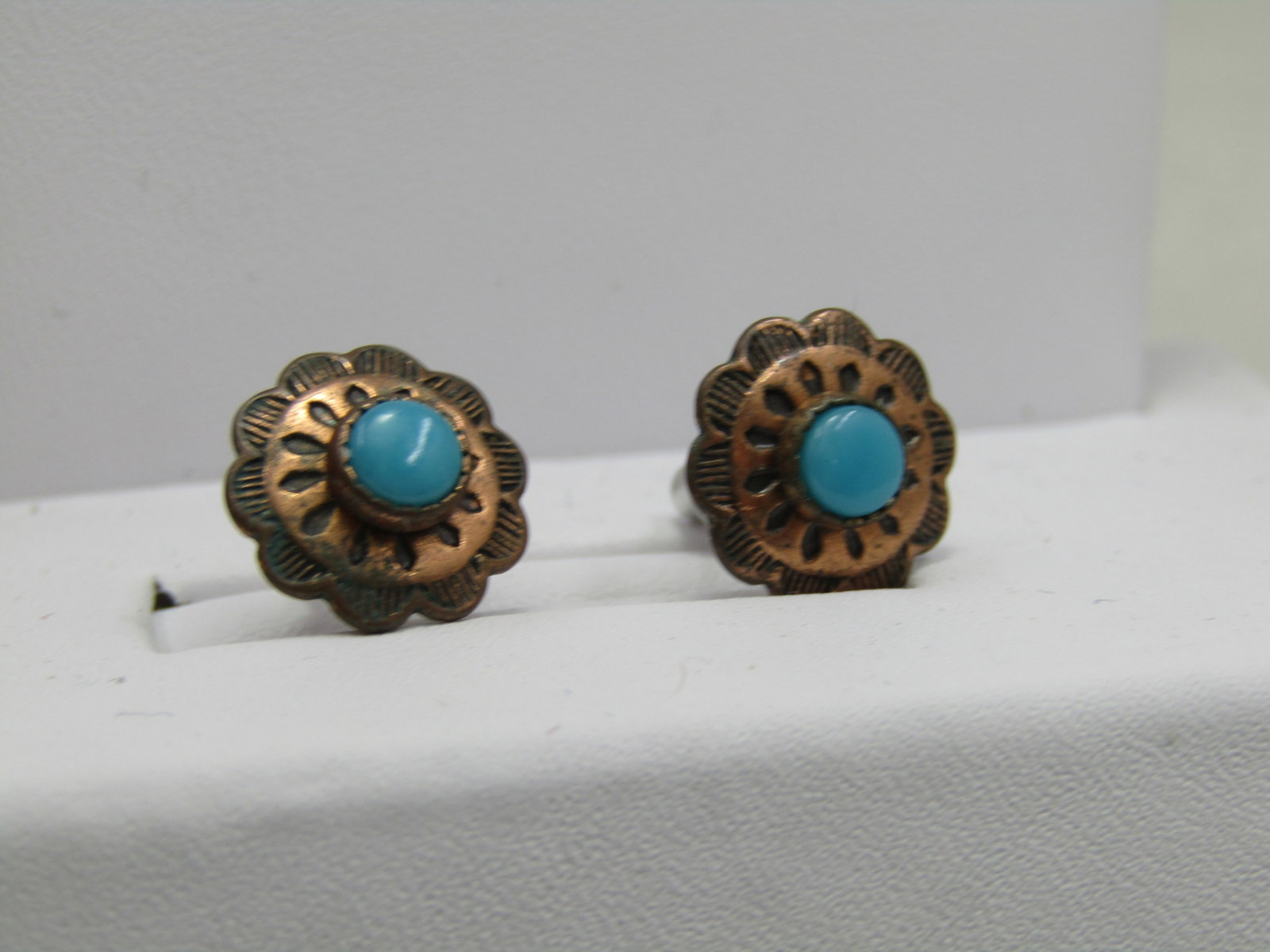 Vintage Southestern Copper Turquoise Earrings, Pierced Stud, 1/2" - 2