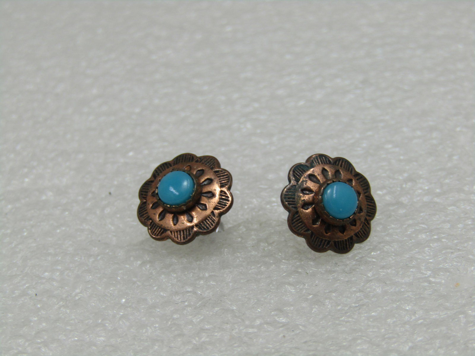 Vintage Southestern Copper Turquoise Earrings, Pierced Stud, 1/2" - 3