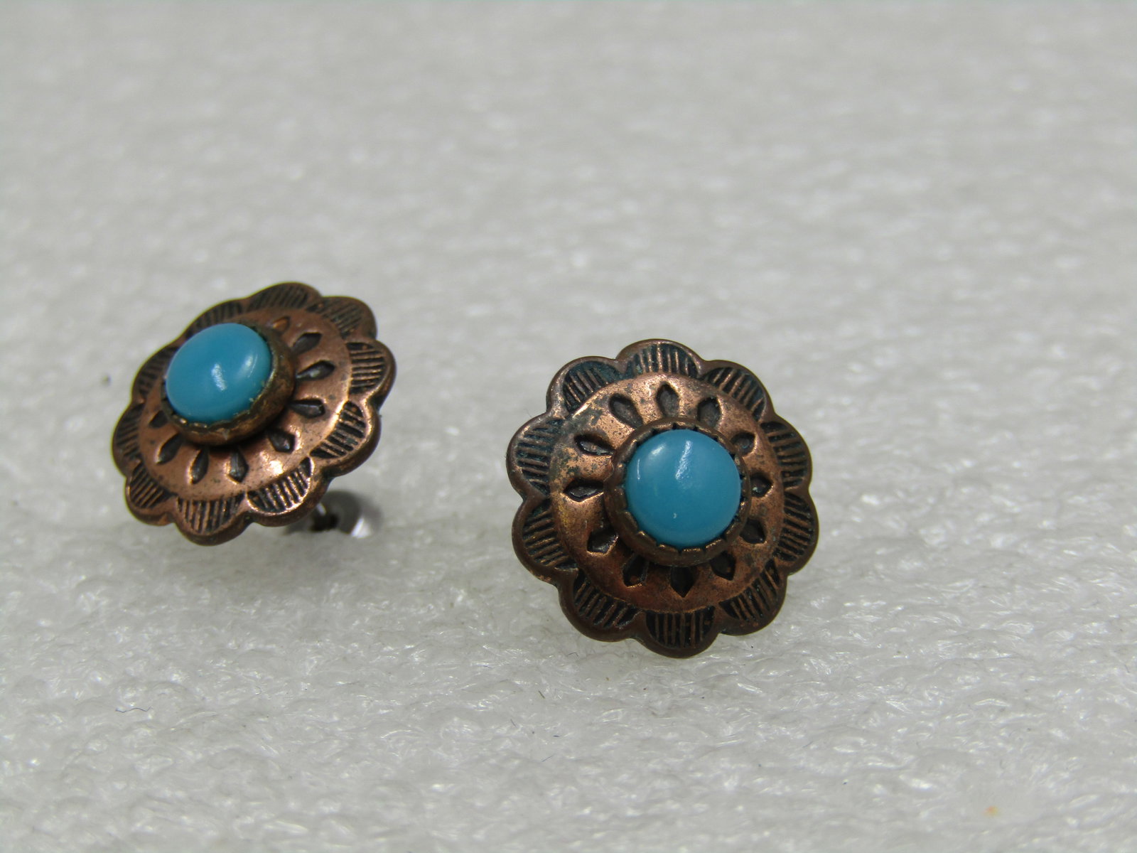 Vintage Southestern Copper Turquoise Earrings, Pierced Stud, 1/2" - 4