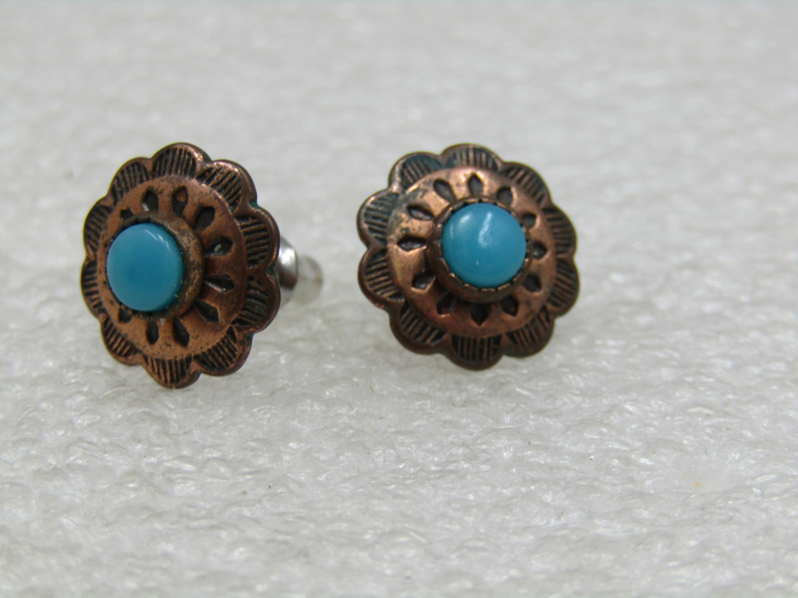 Vintage Southestern Copper Turquoise Earrings, Pierced Stud, 1/2" - 5