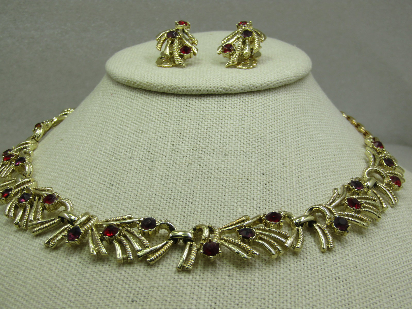 Vintage Coro Red Rhinestone Necklace & Earrings Set, Mid-Century, - 2