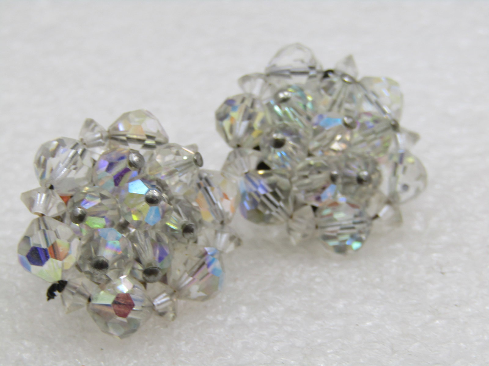 Vintage Crystal Beaded Clip Earrings, Aurora Borealis, 1" - 2