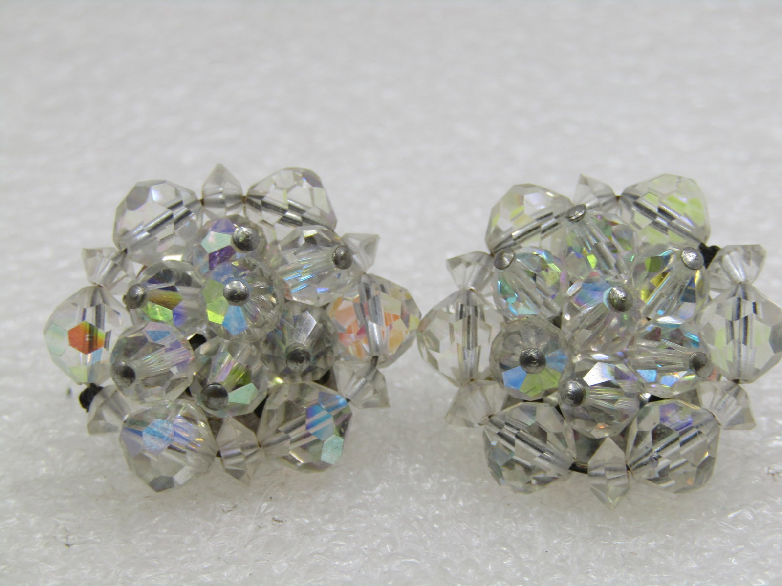 Vintage Crystal Beaded Clip Earrings, Aurora Borealis, 1" - 3