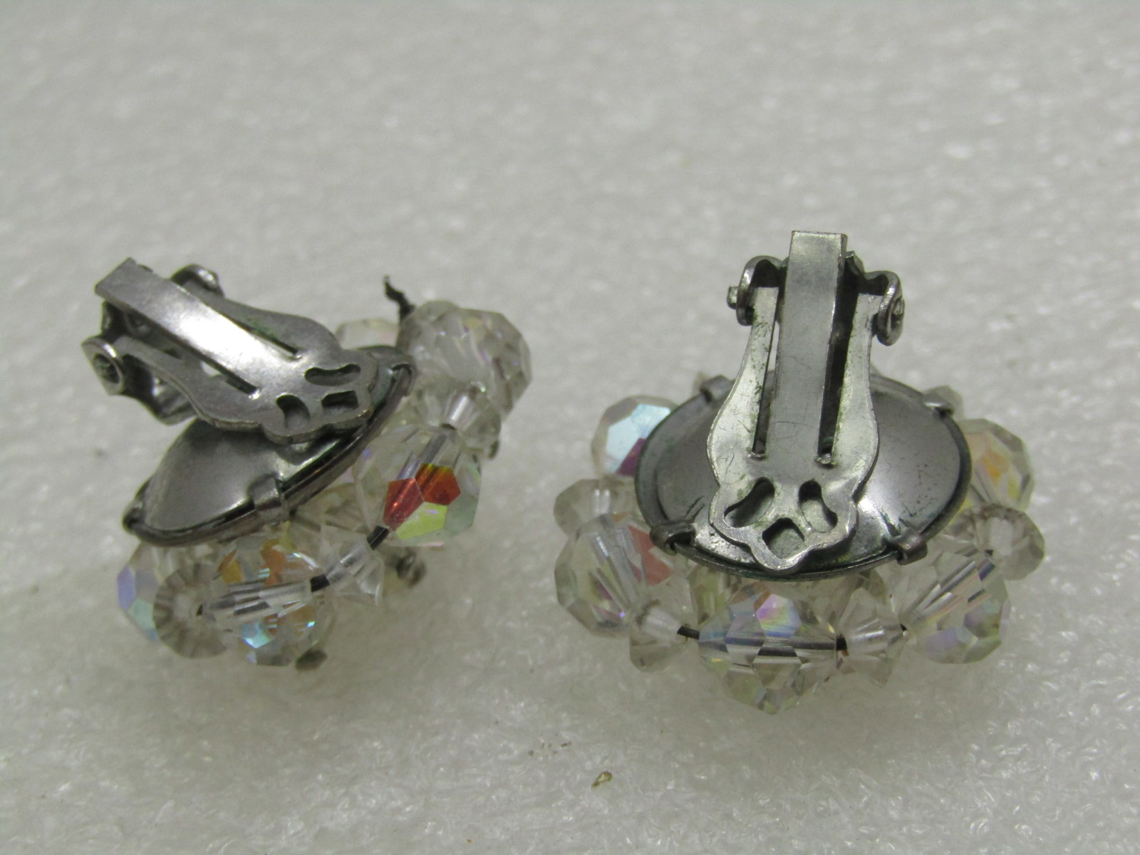 Vintage Crystal Beaded Clip Earrings, Aurora Borealis, 1" - 4