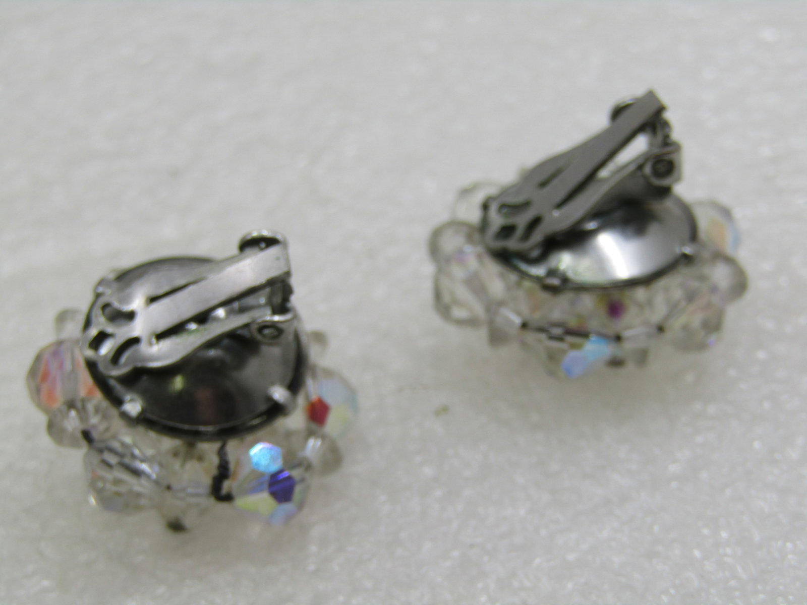 Vintage Crystal Beaded Clip Earrings, Aurora Borealis, 1" - 5