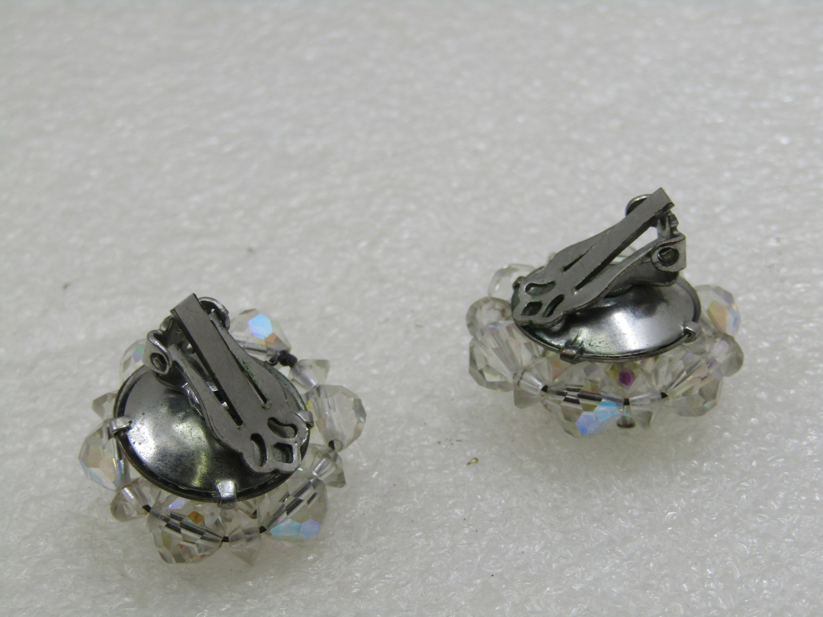 Vintage Crystal Beaded Clip Earrings, Aurora Borealis, 1" - 6