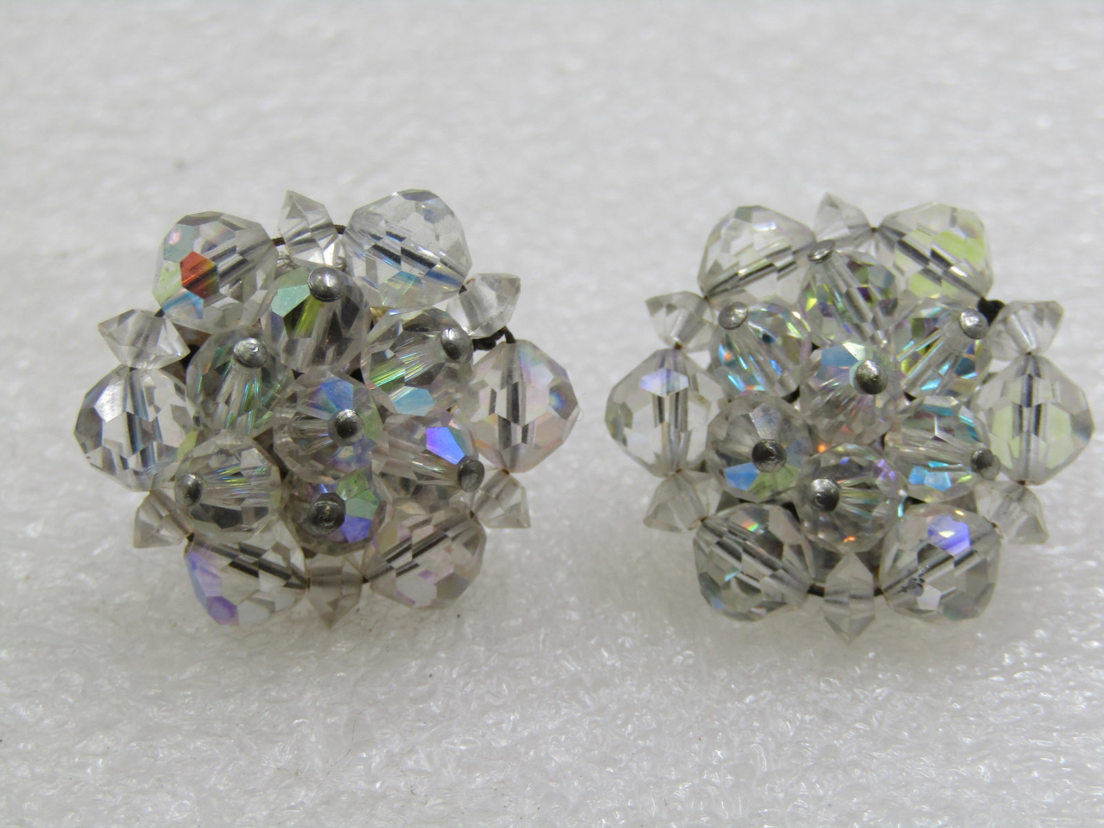 Vintage Crystal Beaded Clip Earrings, Aurora Borealis, 1" - 7