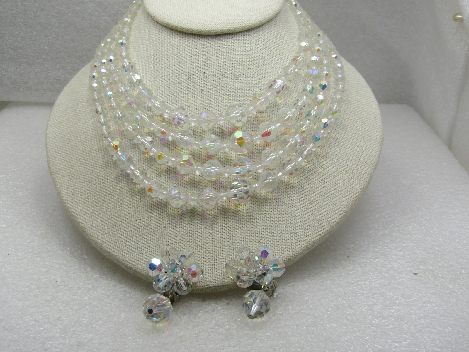 Vintage Four Strand Clear Crystal Necklce & Clip Earring Set, Aurora Borealis, 16", 1940's-1950's - 2
