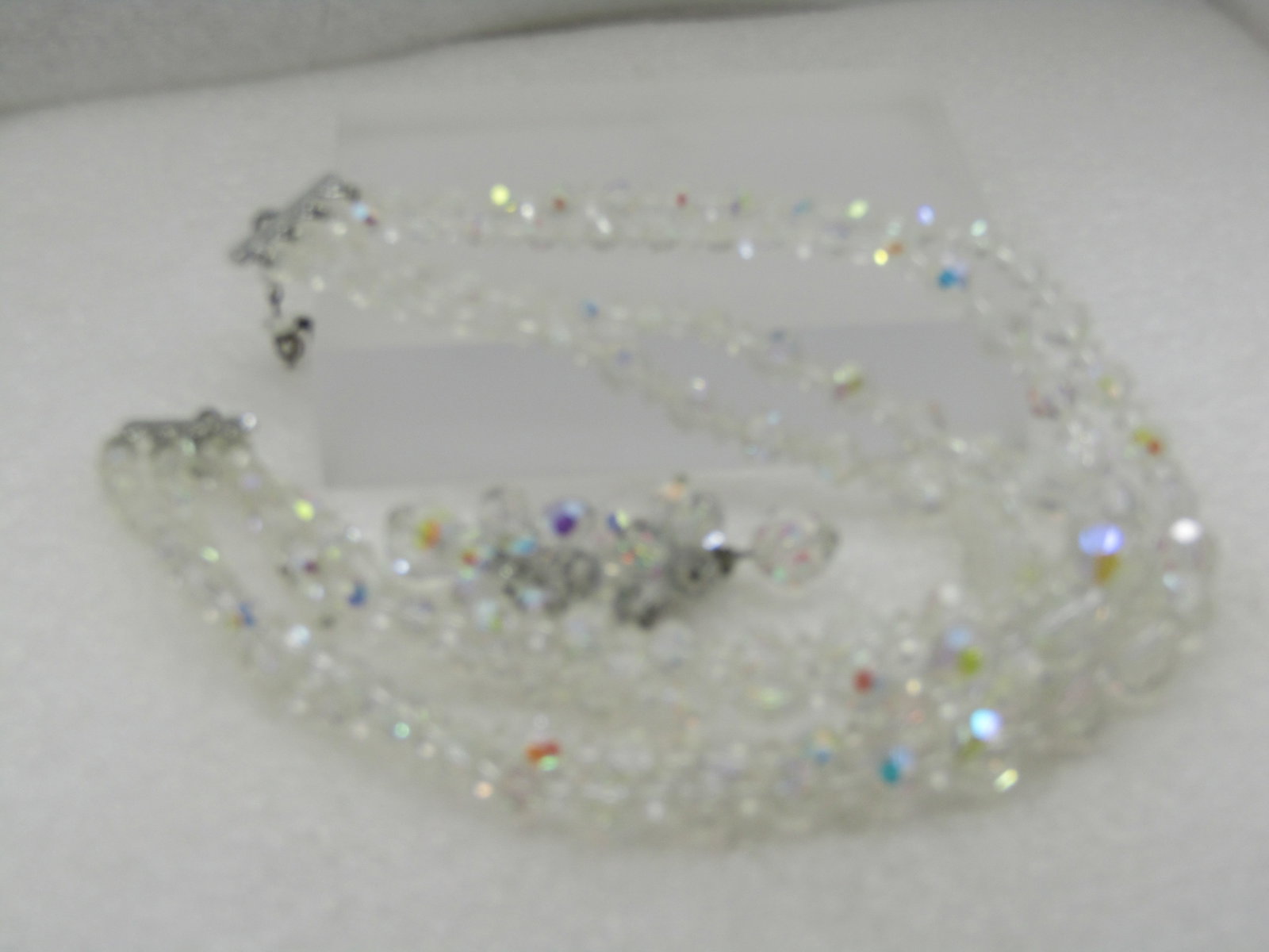 Vintage Four Strand Clear Crystal Necklce & Clip Earring Set, Aurora Borealis, 16", 1940's-1950's - 6