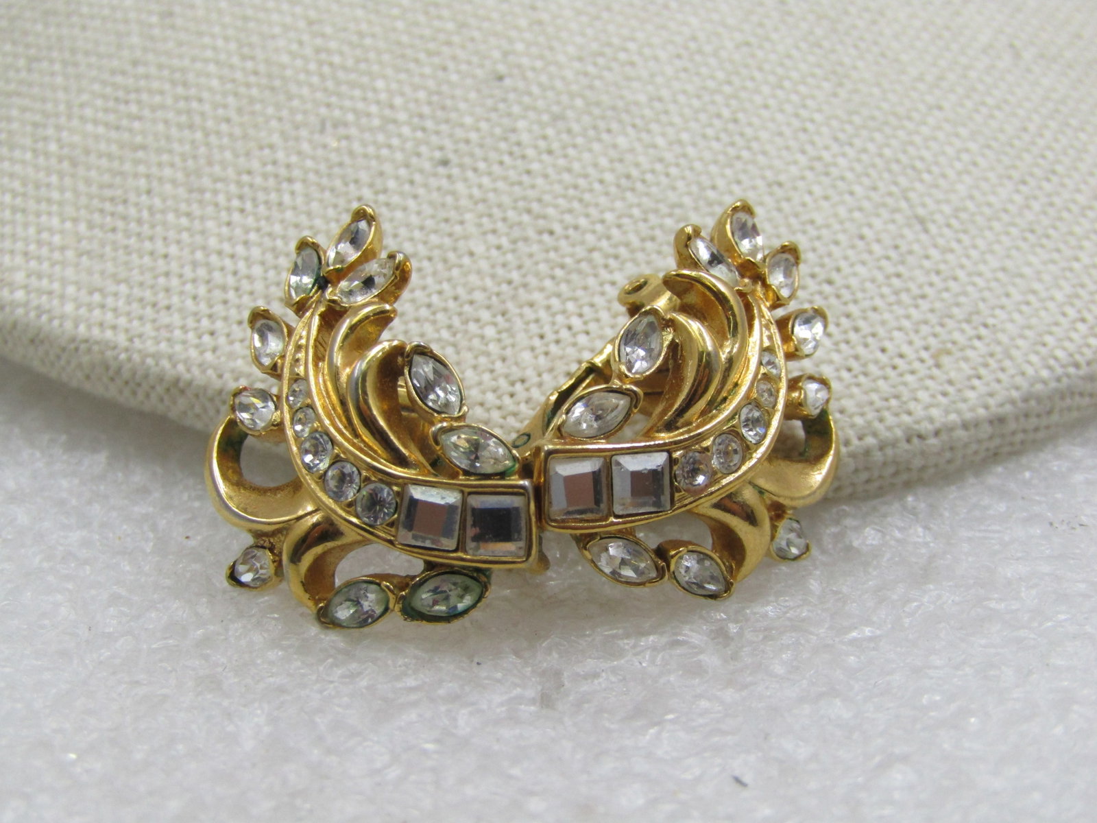 Vintage Rhinestone Curved Leaf/Feather Clip Earrings, 1960's (1 of 5)