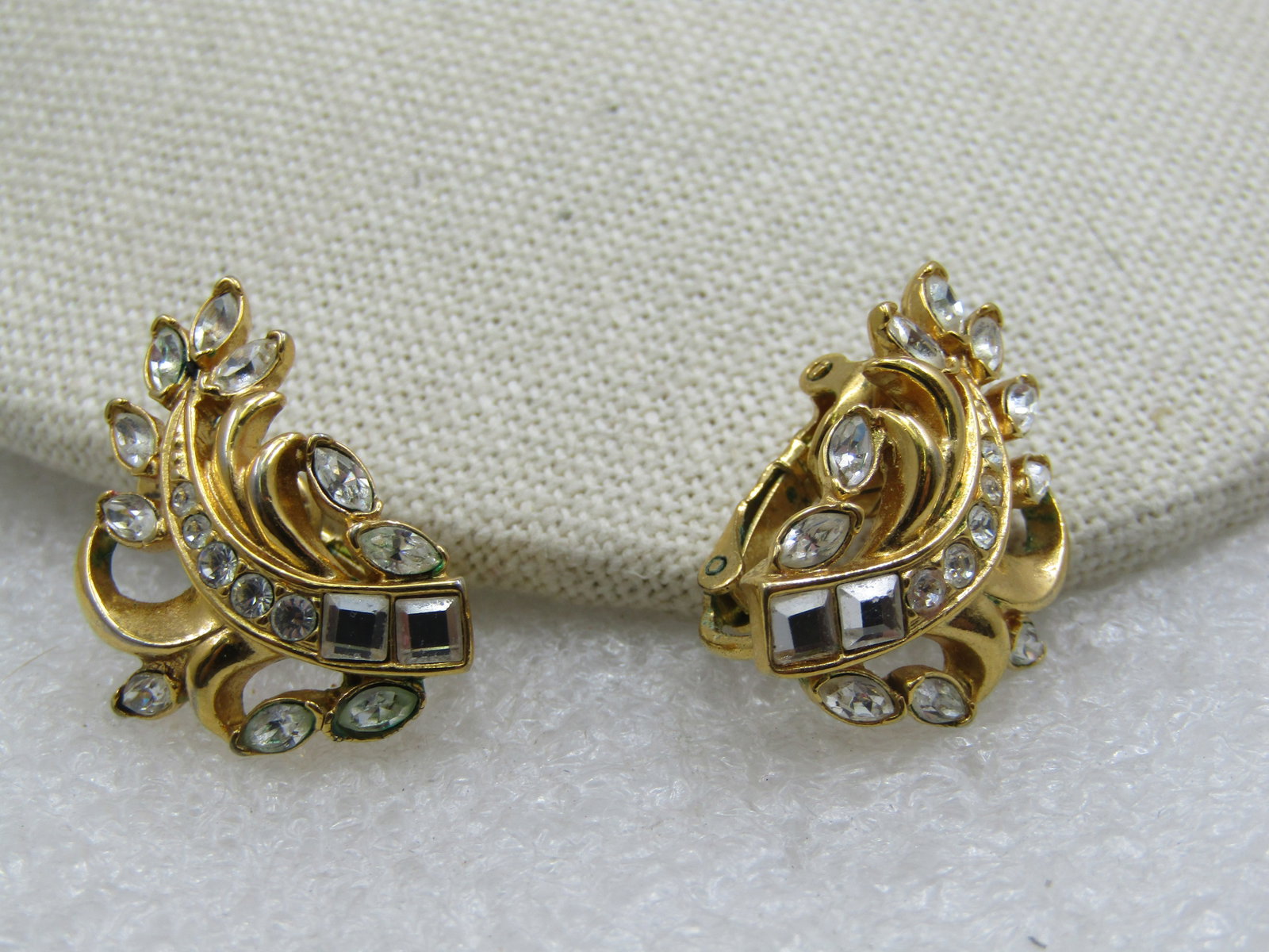 Vintage Rhinestone Curved Leaf/Feather Clip Earrings, 1960's - 2