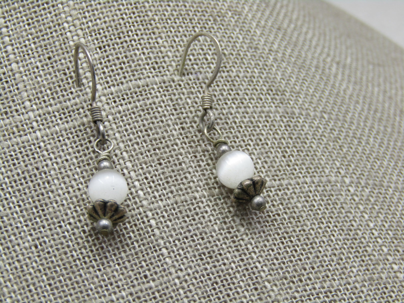 Vintage White Cat Eye Boho Earrings, Pierced - 2