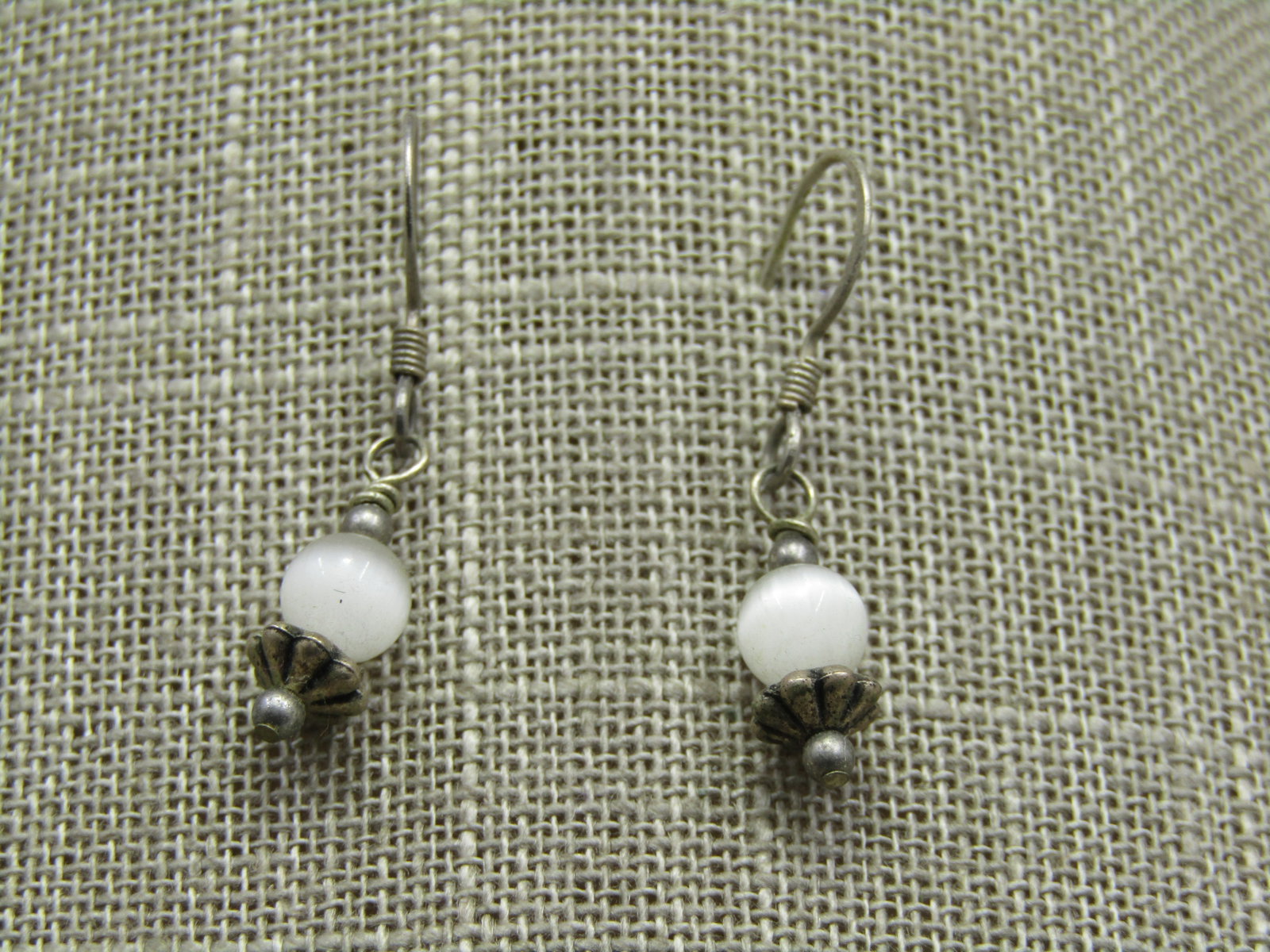 Vintage White Cat Eye Boho Earrings, Pierced - 3