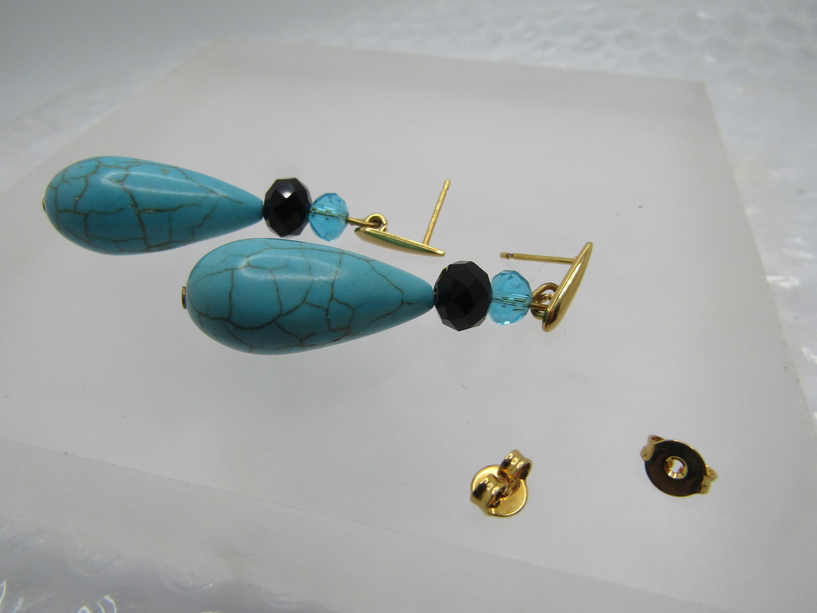 Faux Turquoise & Rhinestone Earrings, Pierced Drop - 4