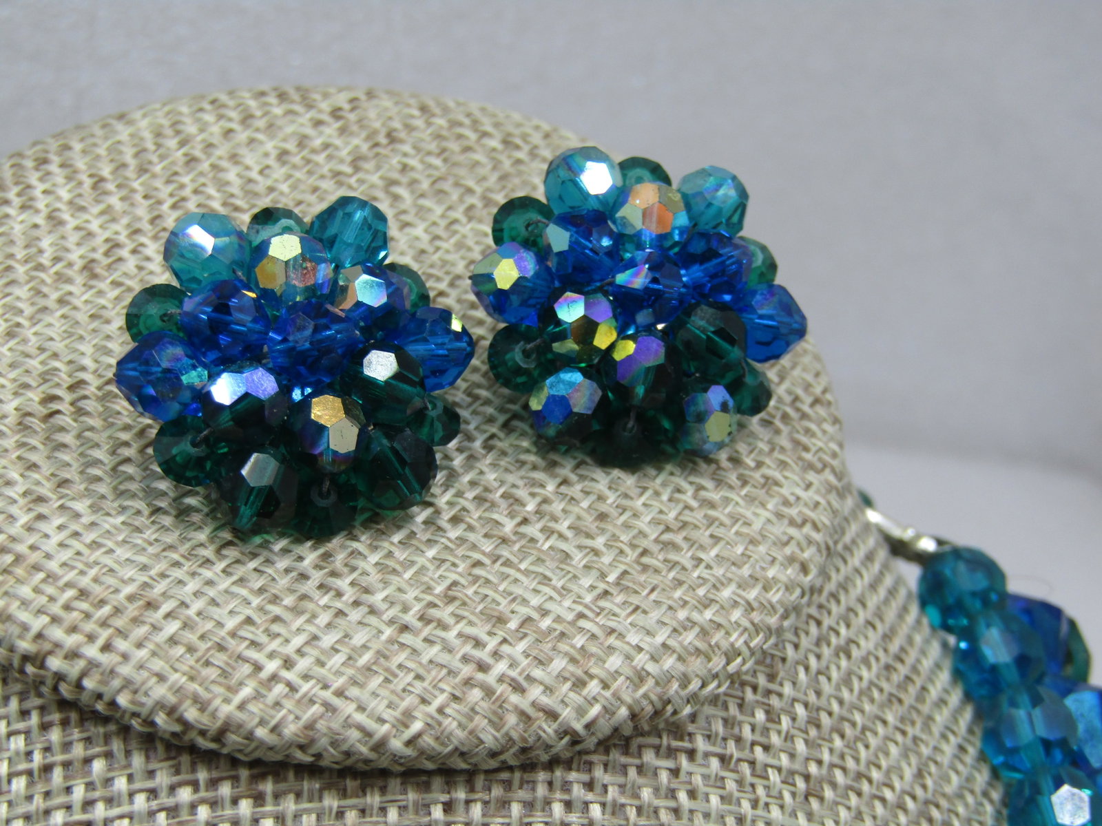 Vintage Peacock & Blue Aurora Borealis Necklace Earrings Demi Parure, 1940's-1950's - 4