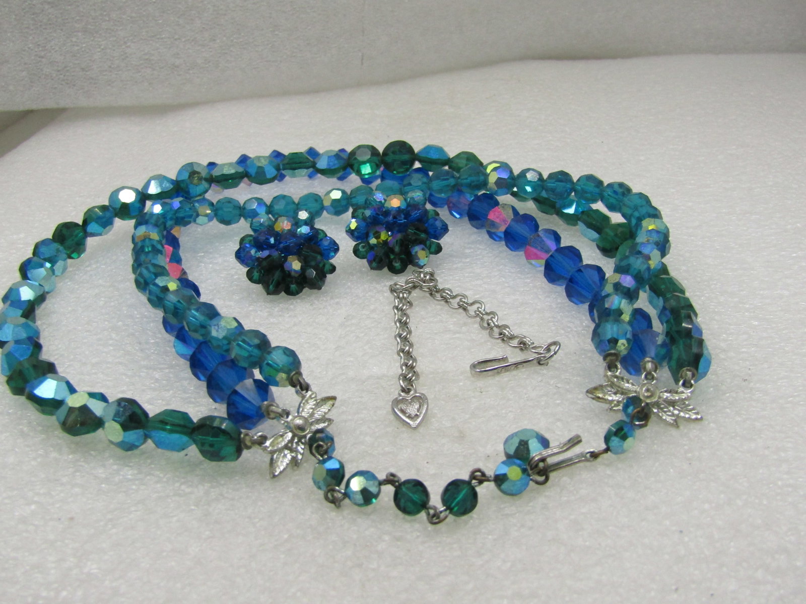 Vintage Peacock & Blue Aurora Borealis Necklace Earrings Demi Parure, 1940's-1950's - 6