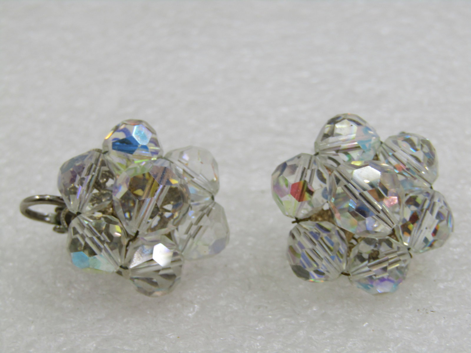 Vintage Aurora Borealis Crystal Clip Earrings, 1940's - 2