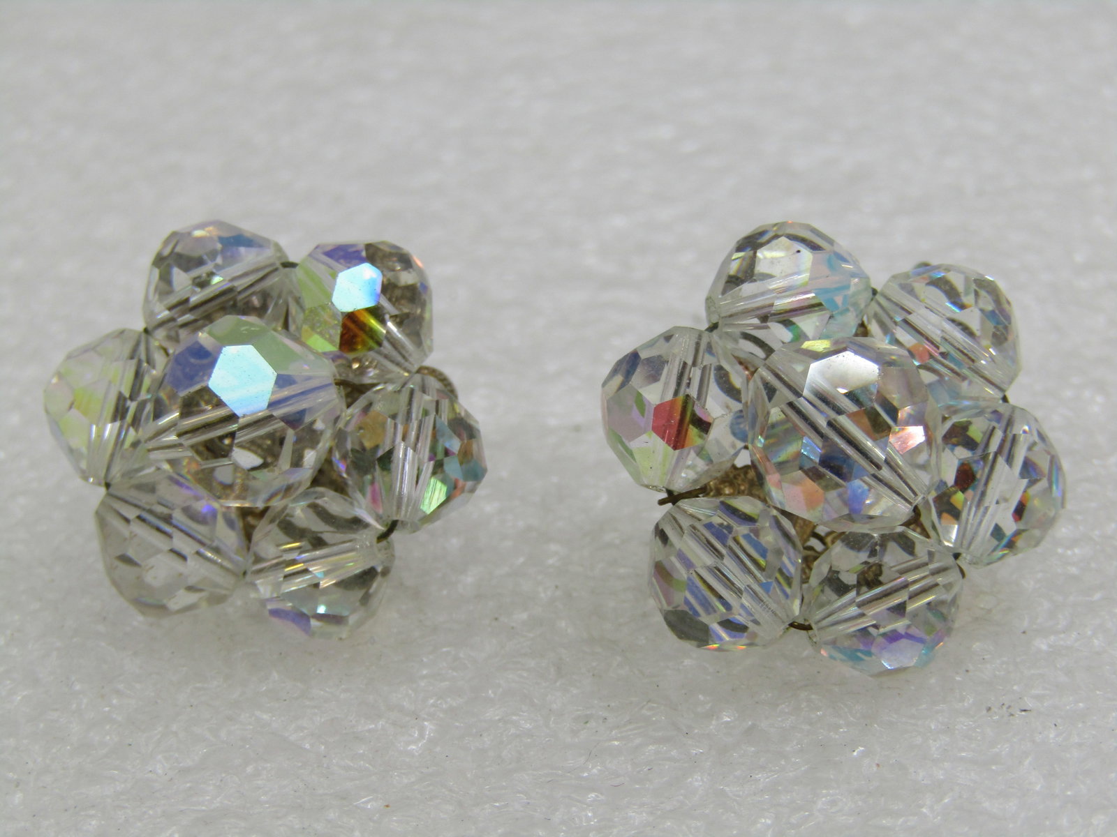 Vintage Aurora Borealis Crystal Clip Earrings, 1940's - 3