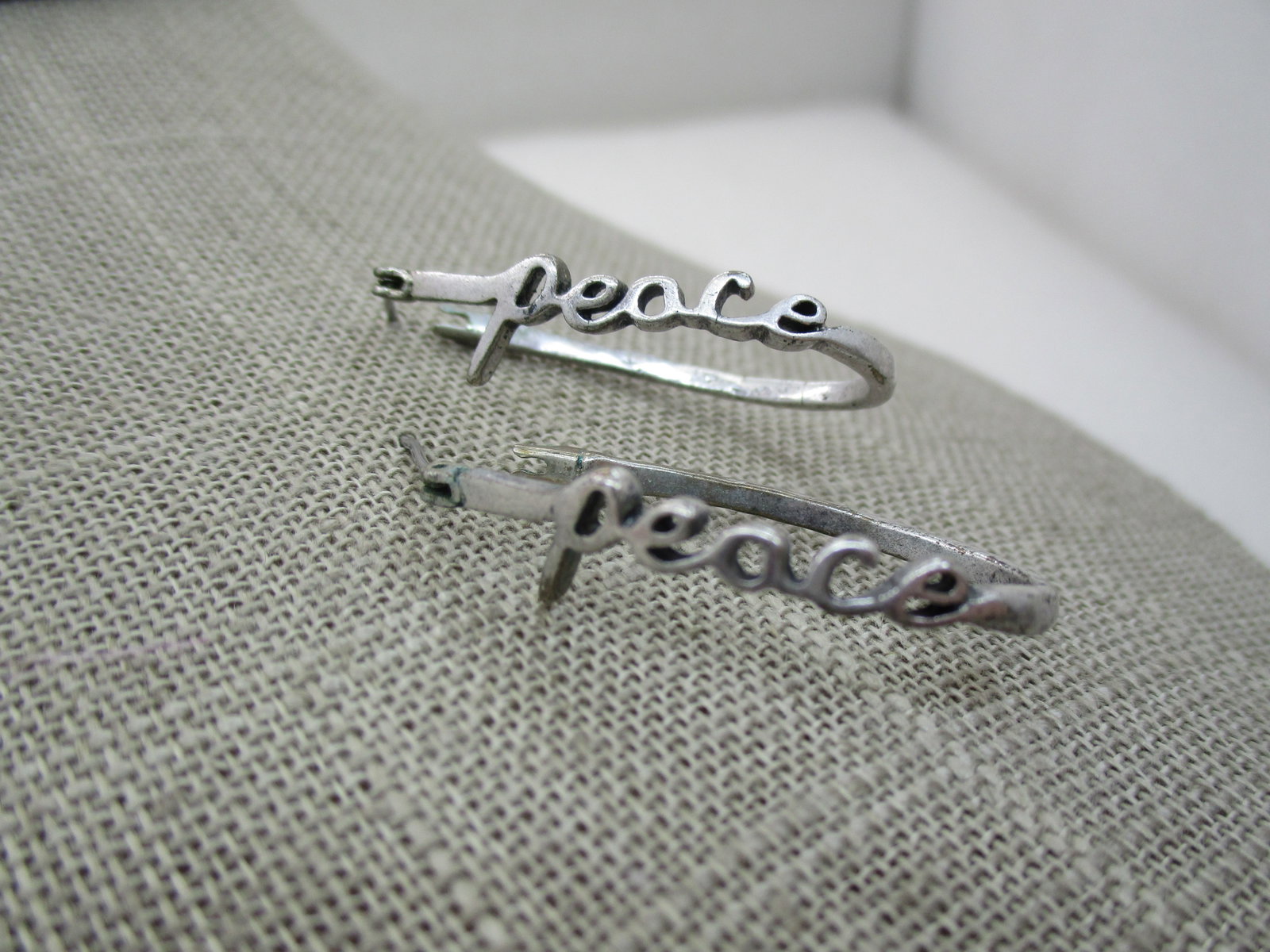 Vintage Silver Peace Hoop Earrings, Pierced - 2