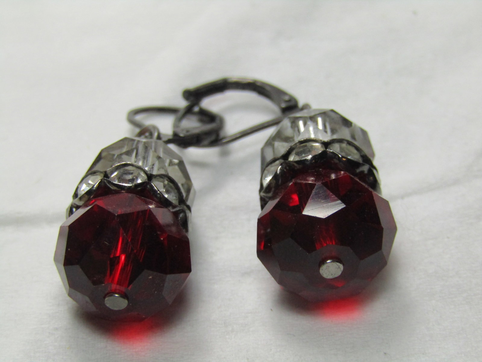 Vintage Red & Clear Crystal Earrings, Pierced Levelbacks. Rondelle Accents, 1.5" (1 of 4)