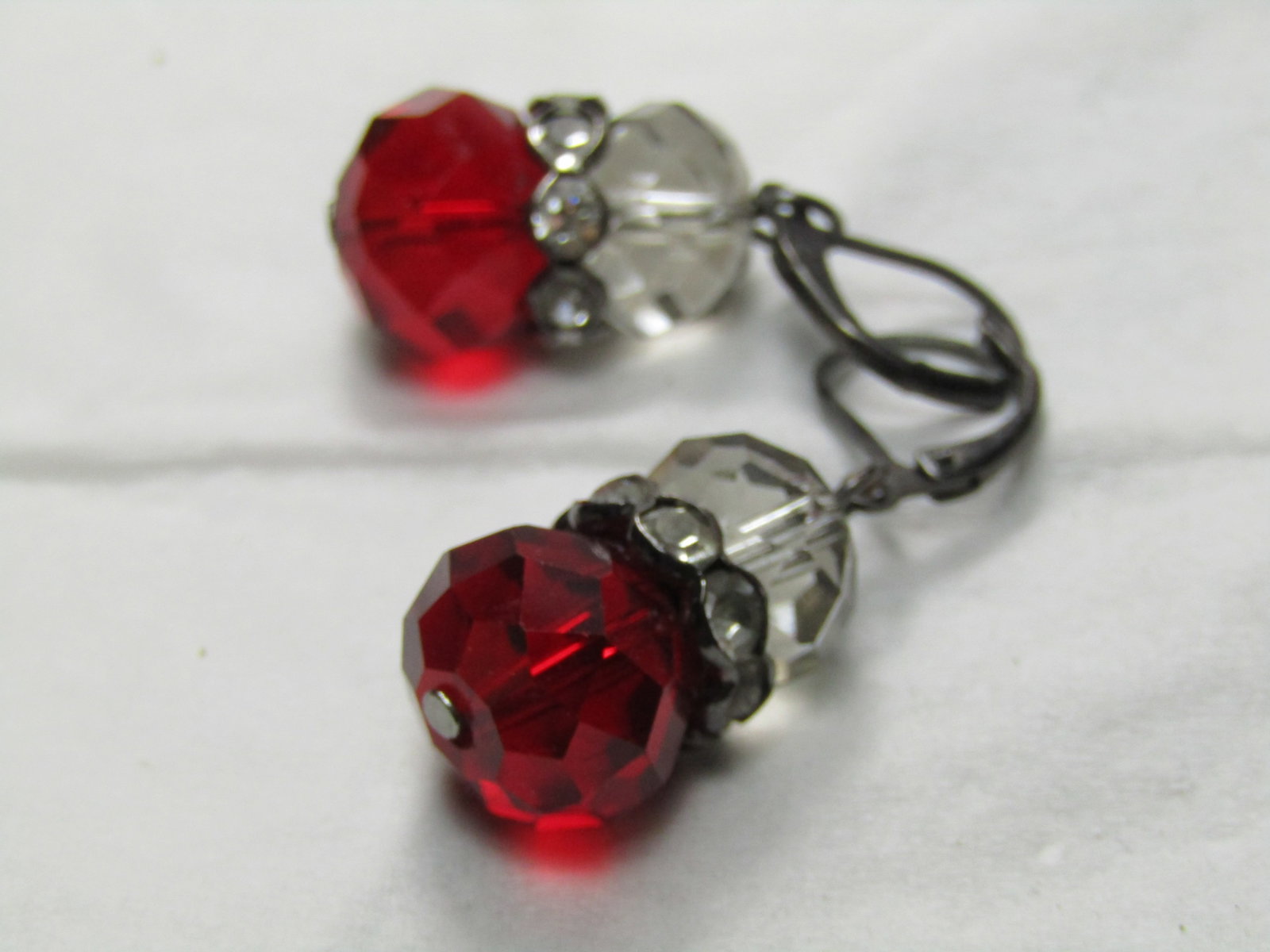 Vintage Red & Clear Crystal Earrings, Pierced Levelbacks. Rondelle Accents, 1.5" - 2