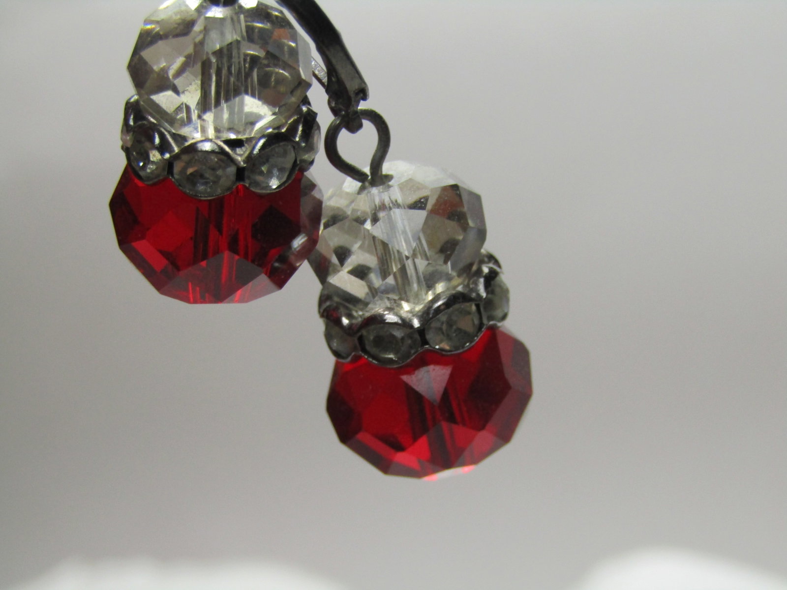Vintage Red & Clear Crystal Earrings, Pierced Levelbacks. Rondelle Accents, 1.5" - 3
