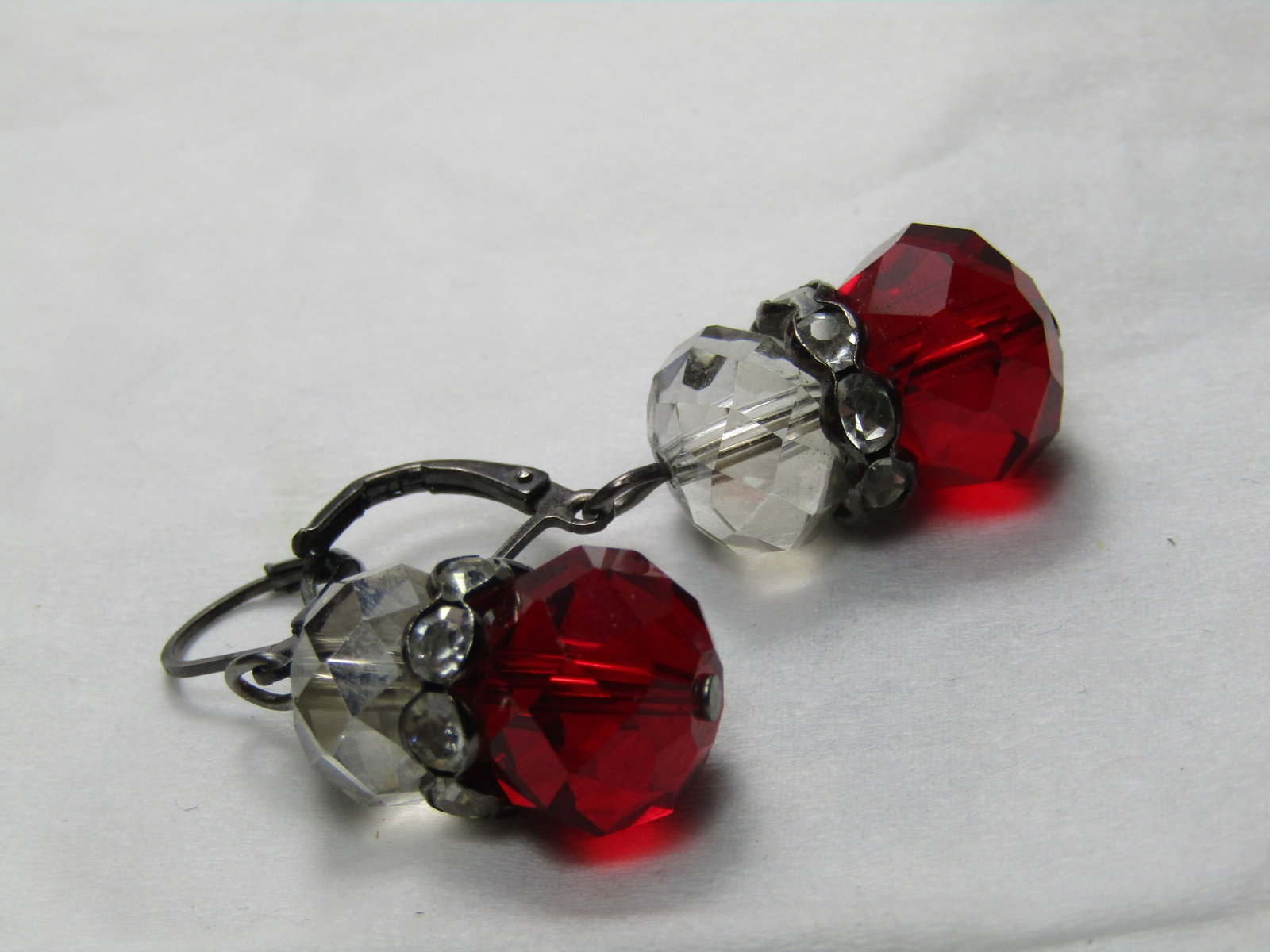 Vintage Red & Clear Crystal Earrings, Pierced Levelbacks. Rondelle Accents, 1.5" - 4