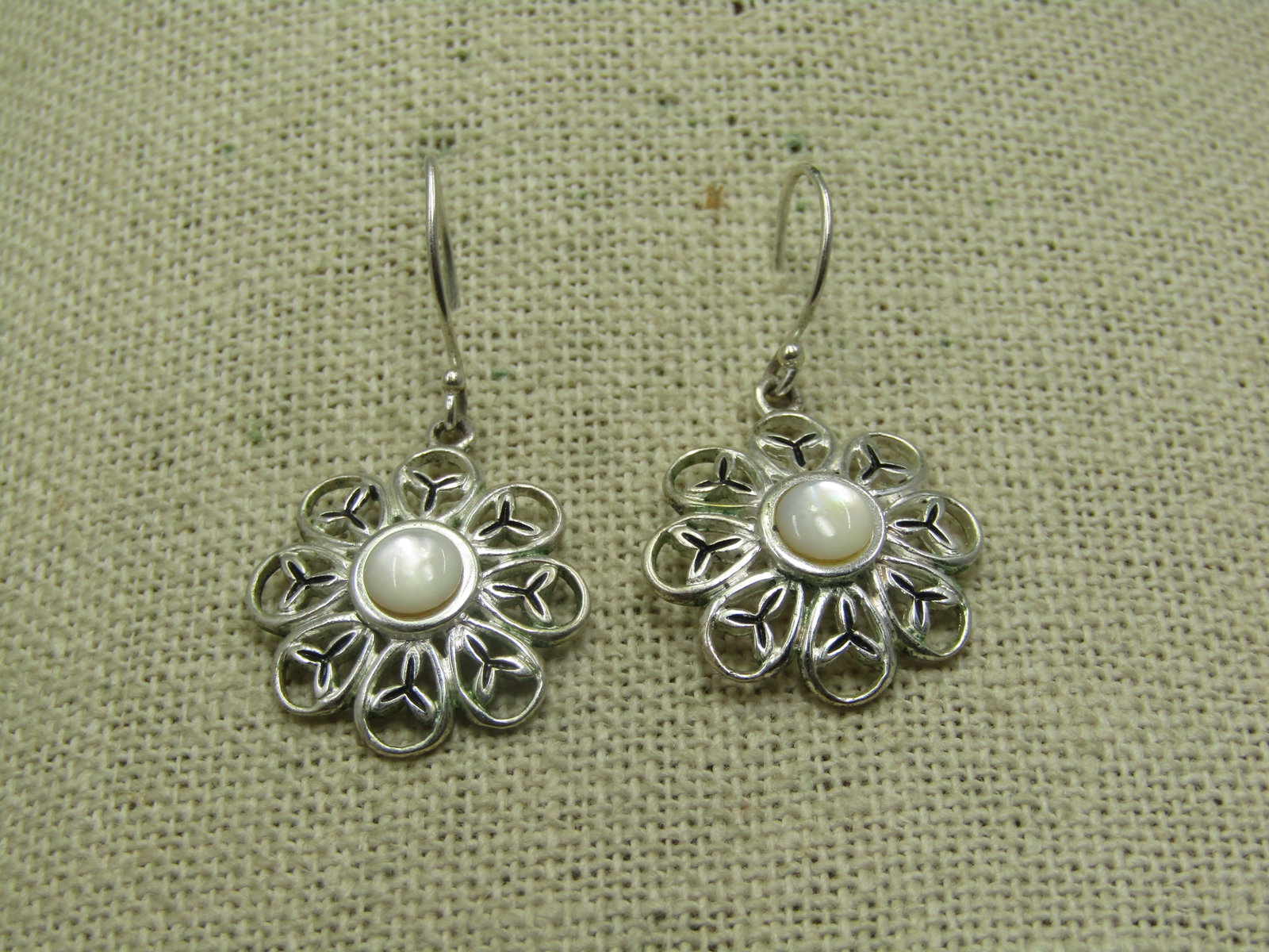 Silver Plated Blossom Earrings, MOP, 1.5", Pierced, Signed CW - 2